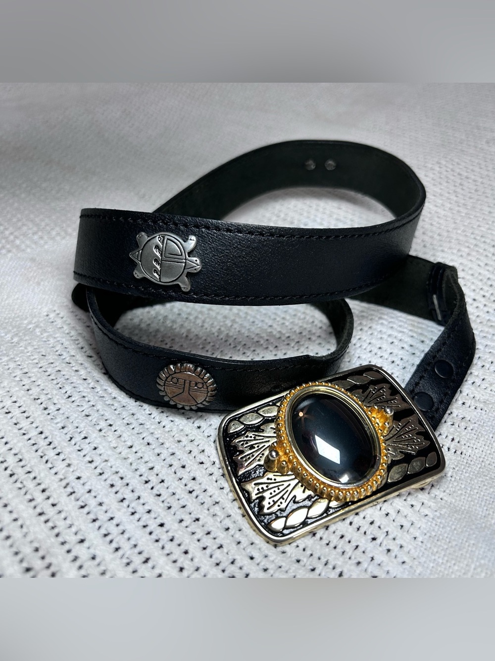 Vintage Southwestern Style Concho Belt 42 with Large Black Onyx Buckle